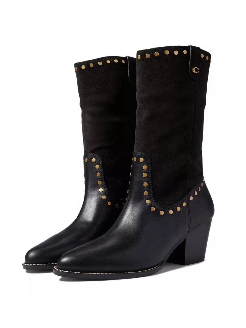 Coach pheobe black suede leather with leather gold tone studded pointed toe boot